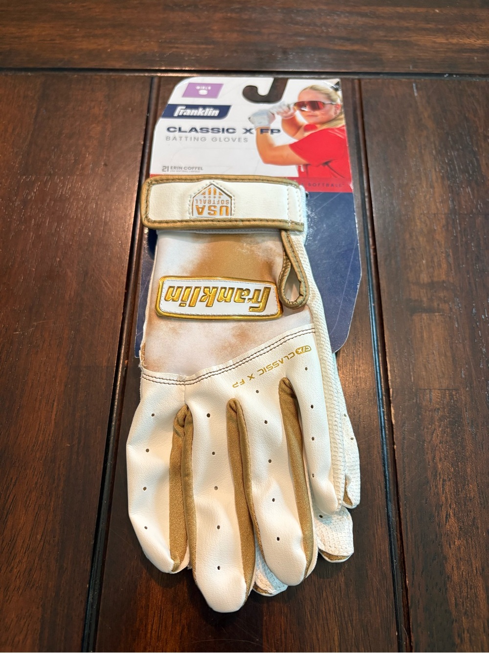 Pair of Franklin Sports Classic X FP batting gloves in white & gold, Size YS